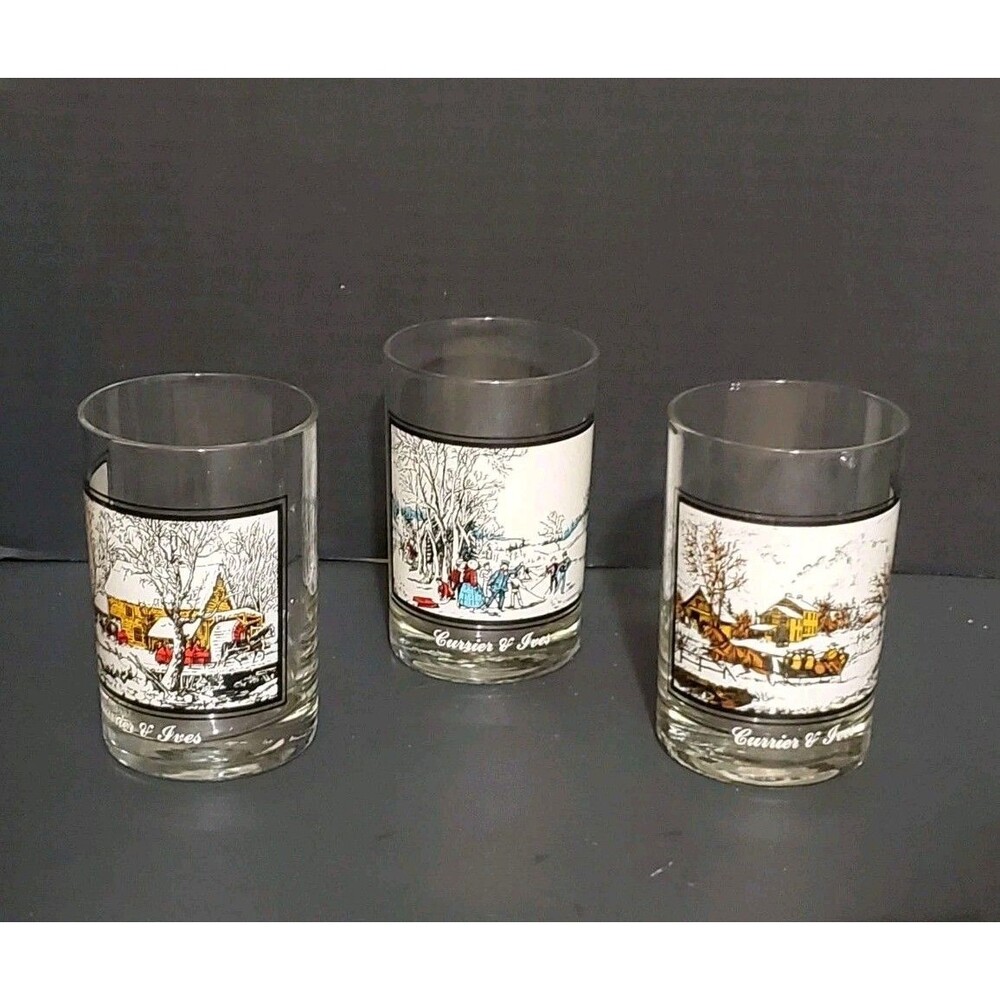 Currier & Ives Arby's Glasses Collectors Series Christmas Glasses Set of 3 Vtg